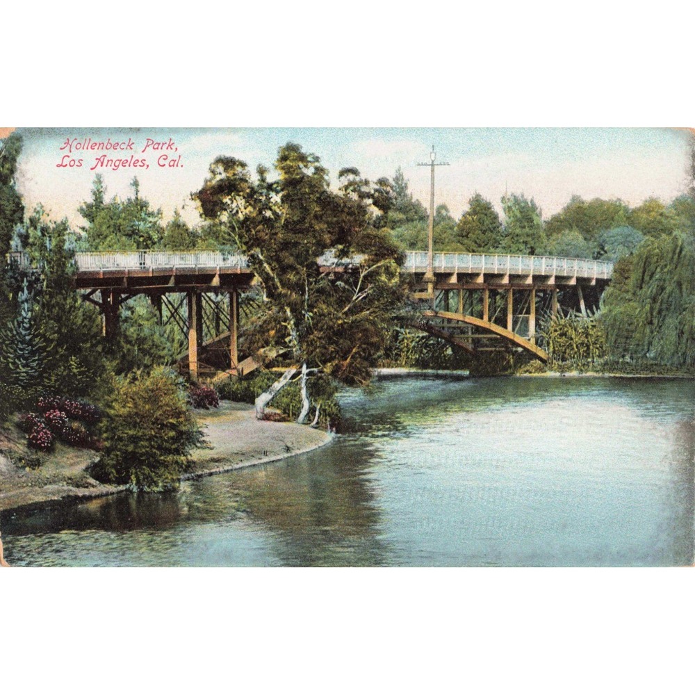 Vintage Hollenbeck Park Los Angeles CA Wooden Bridge RPPC-Style Postcard - Picture 1 of 2